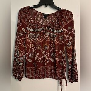 Lucky Brand Womens Sz XS Brown Floral Peasant Top Sheer Bohemian Tie Waist‎